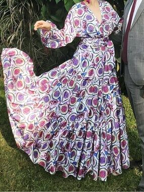White Floral Maxi Dress with Purple & Pink Motif